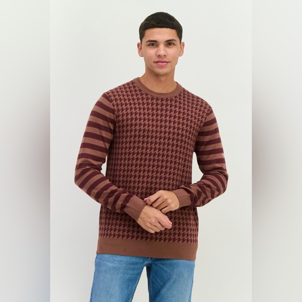 PERRY ELLIS Mens Houndstooth Striped Crewneck Sweater Brown Big & Tall Size 3XLT